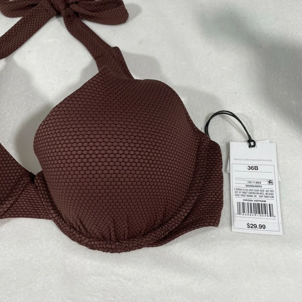 NWT Shade & Shore [ 36B ]‎ Lift Pique Textured Halter Bikini Top Brown